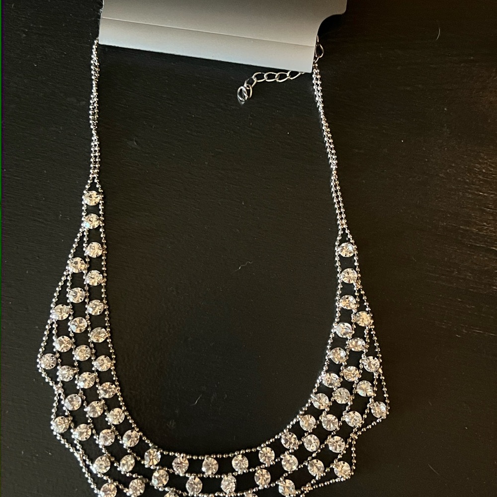 Vanity Silver Geometric Necklace with Crystal Accents
